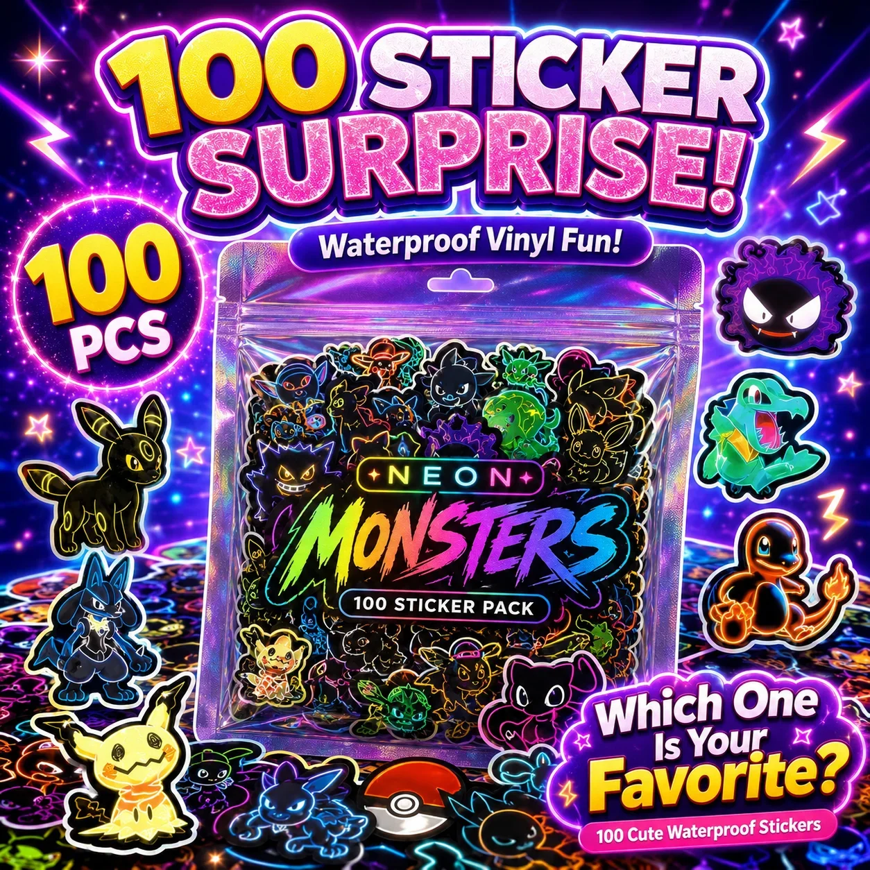 Laptops - 100pcs Neon Pokémon Stickers Waterproof DIY